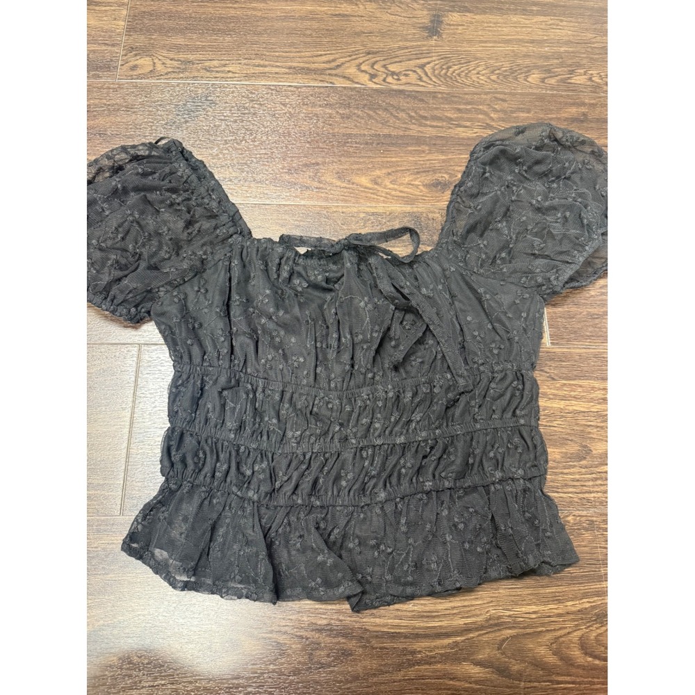 Black Floral Mesh Puff Sleeve Smocked Top - Size Medium